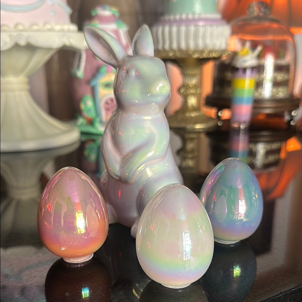 Iridescent Bunny and Egg Decor Set